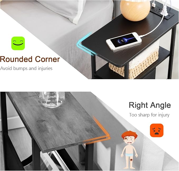 Narrow End Table with Charging Station, Small Nightstand | Skinny Side Tables Living Room with 3 Fabric Drawers, Bedside Table with LED Lights for Bedroom, Small Spaces, Black