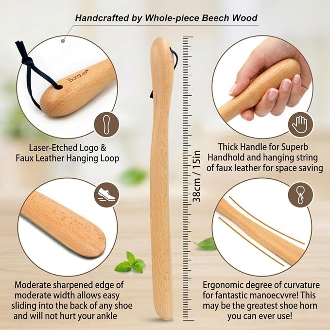 Bamber Wooden Shoe Horn Wood Shoehorn with Handle for Seniors Women Men Kids, 15'' Long, Beech Wood