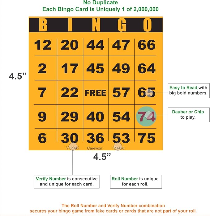 250 Bingo Cards, Large 4.5 x 4.5 Inch, Orange, Paper Bingo Sheets | 8 Color Options, Premium Cardstock, Disposable with Daubers or Reusable with Chips — Proudly Made in USA