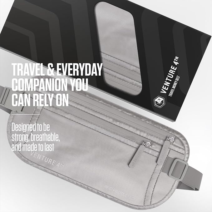 VENTURE 4TH Travel Money Belt, RFID Blocking Passport Holder - Sleek Silver