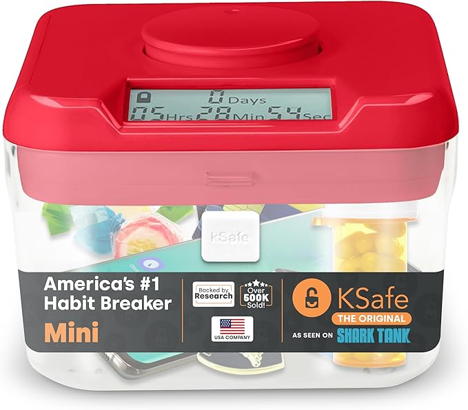 KSafe Timer Lock Box for Phones, Snacks & Medications - Cell Phone Jail & Food Safe with Timer - Time Locking Container for Better Habits & Addiction Management (Mini, Red Lid + 3.0” Clear Base)
