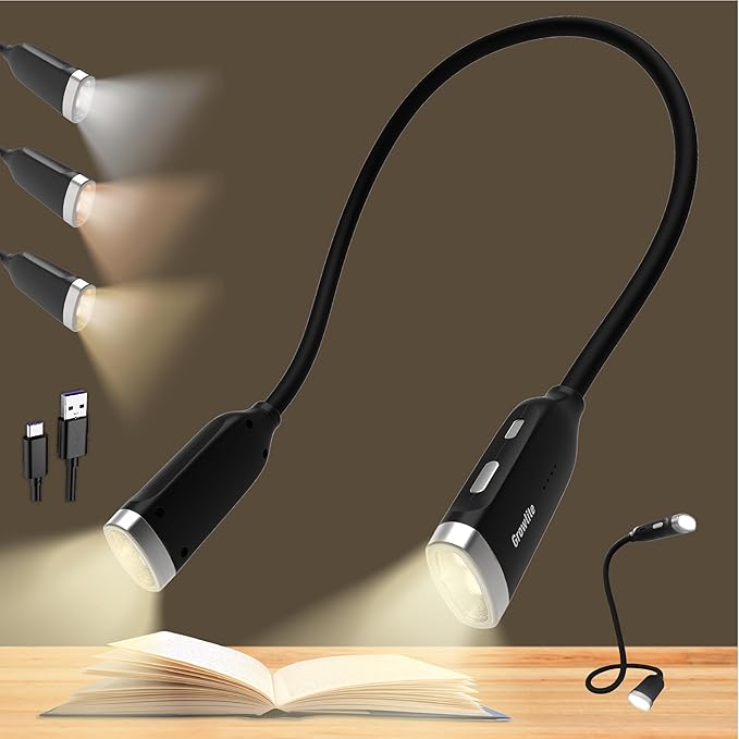Neck Reading Light, 3 Color & Brightness Adjustable Book Light for Reading in Bed, Hands-Free, Lightweight, USB C Rechargeable, Eye-Caring, Perfect for Crafts, Camping, Kids & Adults (black)