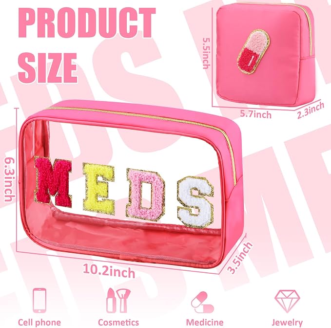 BuyCard 2 Pcs Medicine Bag Chenille Letter Preppy Clear Makeup Meds Bag for Travel - Nylon & PVC Transparent Cosmetic Toiletry Storage Pouch for Women Girls - Rose Red