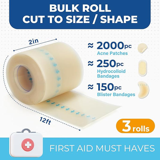 Hydrocolloid Roll, 2in x 12ft, 3 Rolls, Waterproof Hydrocolloid Bandages for Acne, Pimple, Burns, Blisters, Scrapes, Minor Cuts, Wound Care, Medical Adhesive Colloidal Dressing Patch
