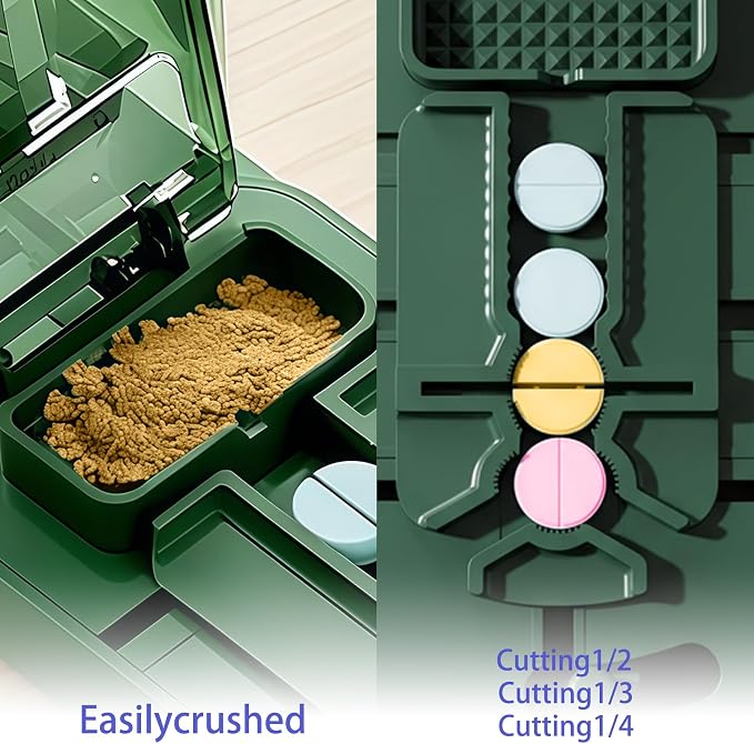 Precision Pill Cutter with Centering Guide - Multi-Angle Tablet Splitter for 1/2, 1/3 & 1/4 Cuts, Includes Pill Crusher & Storage Compartment (Transparent Green)