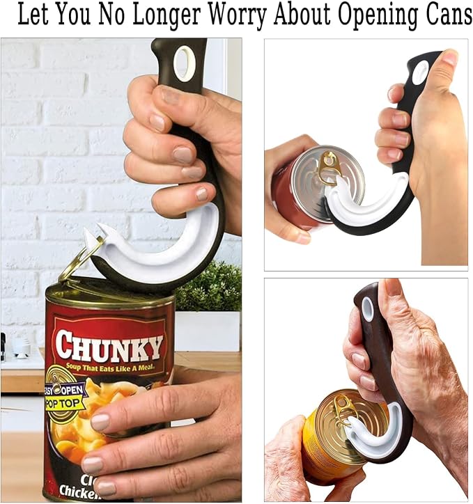 Multi-Purpose J-Shaped Can & Jar Opener, Labor Saving Lid Remover for Ring Pull Cans Glass Jars Bottles, Senior Friendly Kitchen Helper for Arthritis Hands, 1 Pack