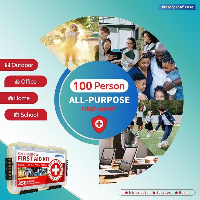 Prelady-350 Pieces All-Purpose 100-Person Emergency First Aid Kit – Waterproof Plastic Case | Clearly Organized for Fast Retrieval | Perfect for Home, Business, Workplace, Boat, Travel, Outdoor & Car