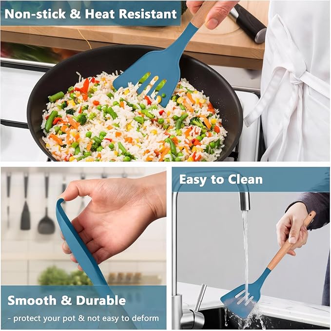 Silicone Kitchen Cooking Utensils Set 5Pcs Non-Stick Silicone Kitchen Utensils Set Spatula Spoon Turner Ladle with Wooden Handle, Heat Resistant Cooking Gadgets for Nonstick Cookware BPA-FREE