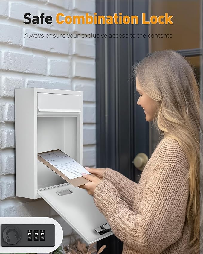 Uniclife Wall Mount Mailbox for Outside, Large Locking Mailbox, White | Security Mail Box with Combination Lock, Safe Key Drop Box, Post Box, Steel Cash Drop Box for Home Office School