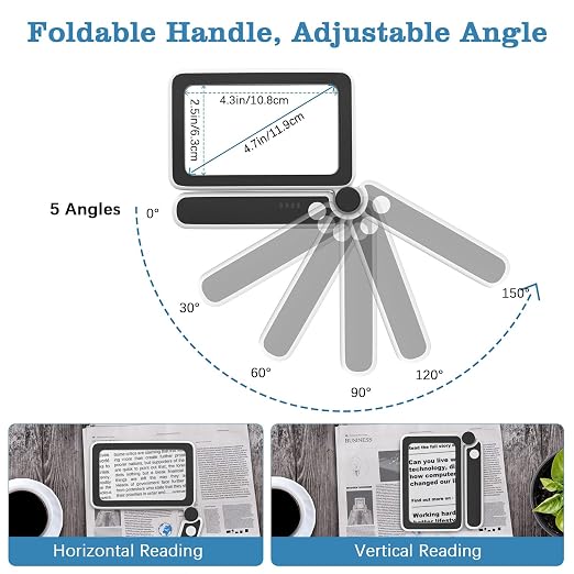 MoKo Magnifying Glass with Light, 4X Full-Page Folding Magnifier | Rechargeable magnifying glass for reading has 10 LEDs, 3 light levels and a 4.3 x 2.5 inch acrylic lens.
