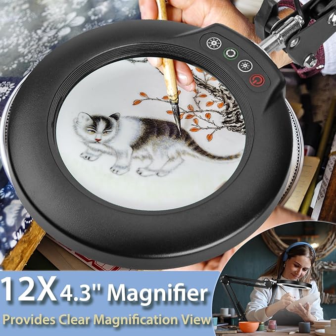 Drdefi 12X Magnifying Glass with Light and Stand, 2-in-1 Magnifying Desk Lamp Rectangular Base & Clamp, 5 Color Modes Stepless Dimmable, LED Lighted Magnifier Hands Free for Painting Sewing Craft