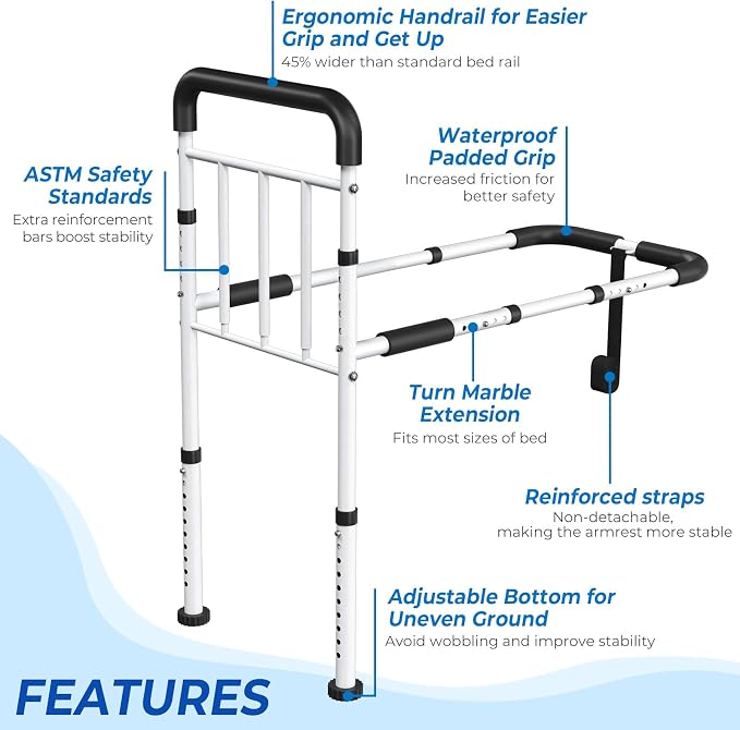 Bed Assist Rail for Elderly - ASTM Approved, 400 LBS Capacity, Tool-Free, Stable Bed Assist Rails for Seniors with Ergonomic Non-Slip Handle & Storage Pocket