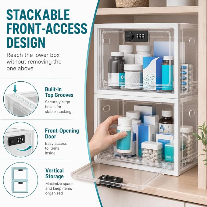 2 Pack Large Medication Lock Box with Code, Clear Lockable Storage Box for Refrigerator, Cabinet & Dorm, Stackable Medicine Box for Prescriptions, Snacks, Phone, 11.9" x 9.3" x 7.6", White