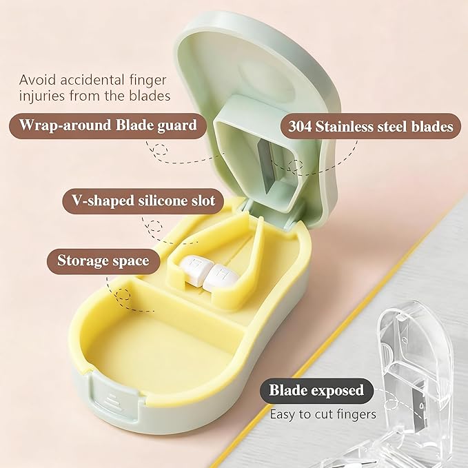 Pill Cutter Splitter for Small and Tiny Pills - Premium Silicone Precision Pill Splitter - Designed for Swallowing Difficulties & Pets. Nonslip Pad. Wrap-Around Blade Guard. Back Storage (White)