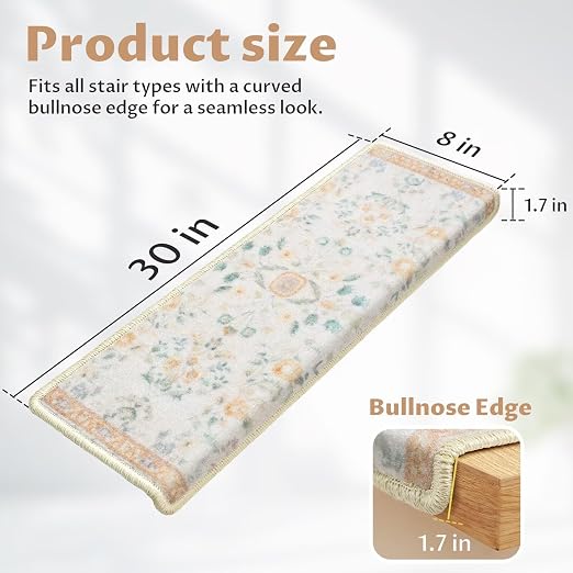 RORA Bullnose Stair Treads for Wooden Steps, Non Slip Stair Carpet 7pcs | Washable, Self-Adhesive, Floral Stair Rug Runner with Edge Protection for Indoor, Pets & Elder, 29.5 x 9.5x 1.7, Beige