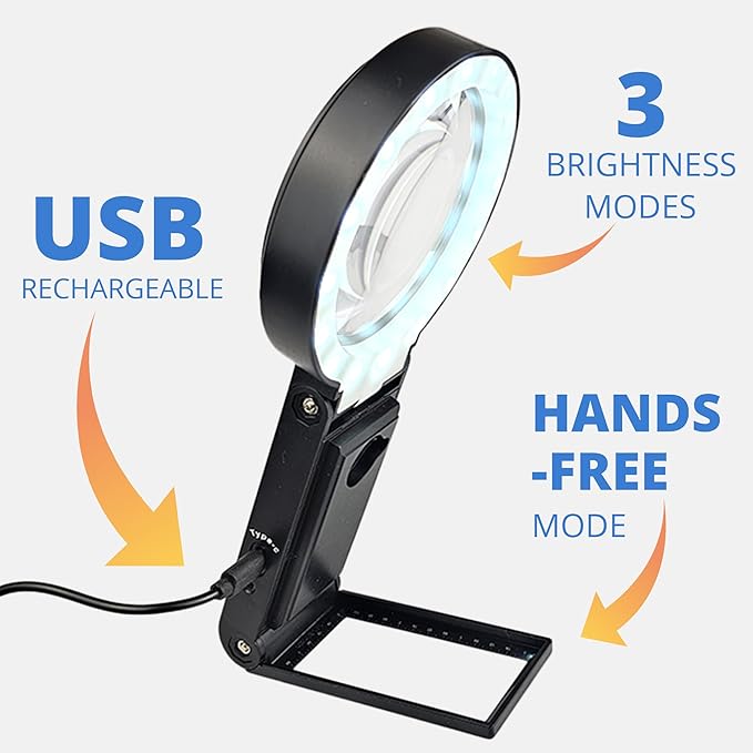 30x Hands-Free Magnifier with USB Rechargeable Ultra Bright LED Lights and Case | 40x Loupe Magnifying Glass with Stand for Reading Jewelry Coins Watch Hobby Crafts Close Work