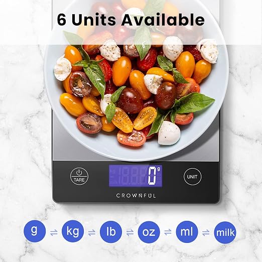 CROWNFUL Food Scale, 33lb Rechargeable 304 Stainless Steel Digital Kitchen Scale Weight Grams and Ounces with LCD Display and Type-C Charging for Meal Prep, Baking and Cooking