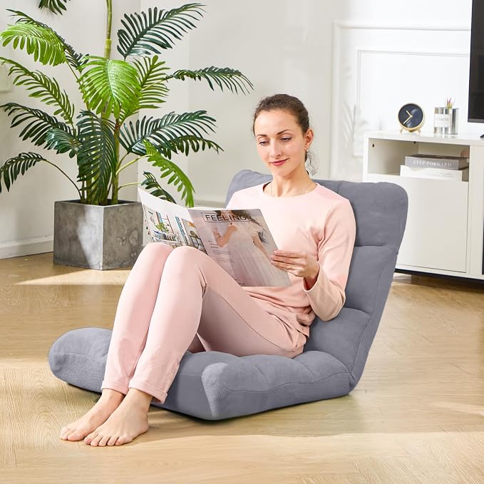 Folding Floor Gaming Chair 14-Poistion Cushioned Adjustable Floor Lazy Sofa Chair w/Breathable Cotton & Skin-Friendly Coral Velve for Adults & Kids Perfect for Reading Gaming Meditating, Grey