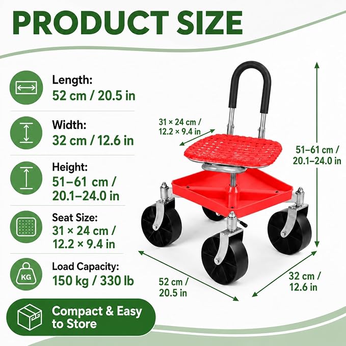 Rolling Garden Seat with Wheels, Adjustable Garden Scooter Stool with Backrest,Garden Cart with Tool Storage Tray & Backpack, Gardening Work Seat for Weeding, Planting, Yard Work (Without Backpack 2)