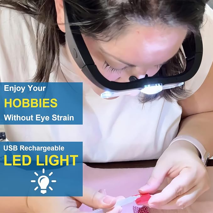 Rechargeable Magnifying Glasses with Light, Hands-Free Headset for Jewelers, Eyelash Extensions, Watch Repair, Cross Stitch, and Close Work