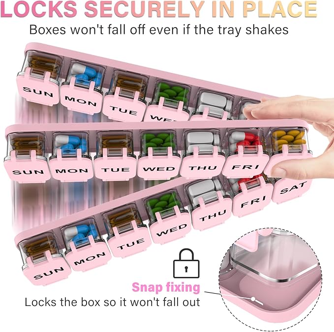 Extra Large Weekly Pill Organizer 7 Day - Portable Daily Pill Box with 7 Detachable Compartments, Vitamin Holder and Medicine Organizer for Supplements, Home and Travel, Pink
