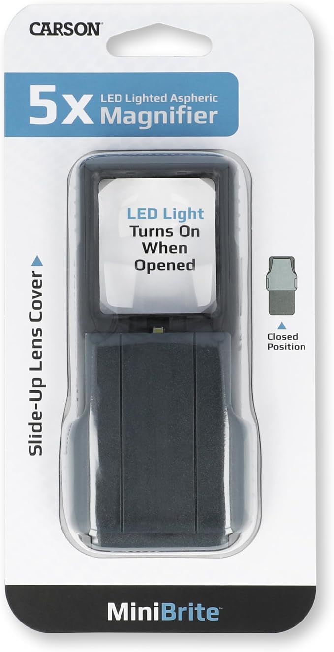 Carson MiniBrite LED Lighted Slide-Out Aspheric Magnifier with Protective Sleeve (PO-55), 5X, Gray