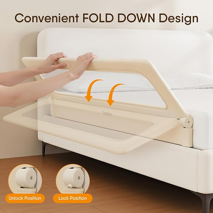 Bed Rail for Toddlers,71 Inch Foldable Baby Guard | 71 in foldable toddler rail with reinforced anchors, no-gap mattress fit, double lock, washable fabric for King|Queen