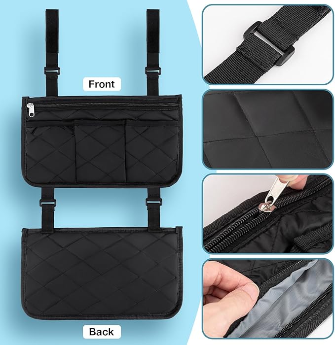 Noverlife 2 Packs Wheelchair Side Bag, Black Walker Bag w/Cup Holder Waterproof Wheelchair Armrest Pouch, Side Storage Pouch Organizer Bag Wheelchair Pouch Side Pocket for Most Seniors Wheelchairs