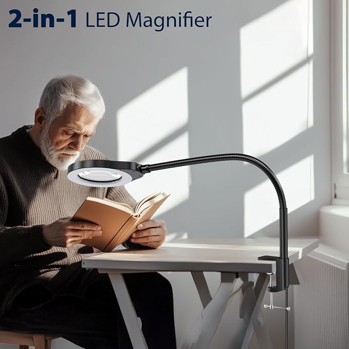 15X Magnifying Glass with Light and Stand, 5 Color Modes Stepless Dimmable LED Lighted Desk Lamp, 84 LED Magnifying Lamp Hands Free Flexible Gooseneck Magnifier for Repair Crafts Hobby Sewing