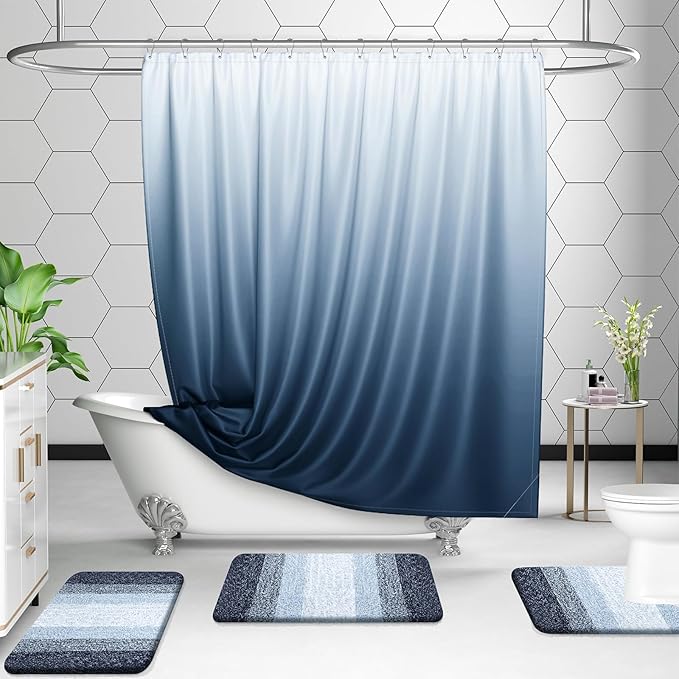 OLANLY Bathroom Rug Set 2 Piece, Soft Absorbent Microfiber Bath Mats and U-Shaped Contour Toilet Rug, Non-Slip, Machine Wash Dry, Plush Shaggy Bath Mats for Bathroom (24"x16"+U24 x20, Dark Blue)