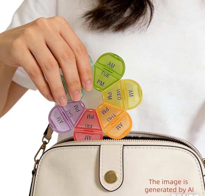 Cute 7 Day AM PM Pill Organizer, Twice a Day Weekly Pill Box with 7 Color Coded Compartments, Flower Shape Portable Travel Pill Case for Vitamins, Supplements and Medications (Multicolor, Large)