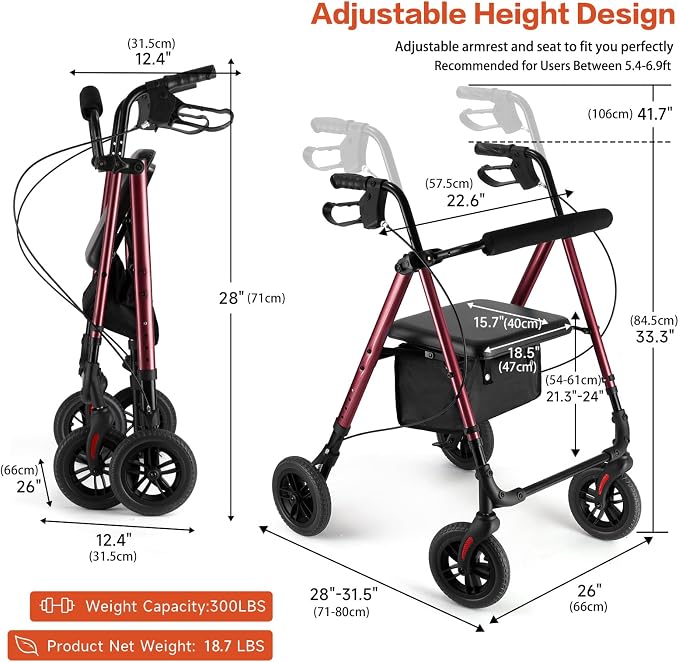Foldable Rollator Walker for Seniors with Seat,4 Wheel Rolling Walkers | 300lbs walker with tray for Adults & Mobility Impaired|8" Airless Tires|Anti-tip brakes|Adjustable height|Tool-Free Assembly