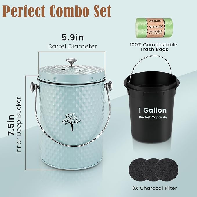Countertop Kitchen Odorless Compost Bin with Removable Inner Bucket | 1 Gallon Composter Container,Includes 50 Compost Bags,2 Carbon Filters,Compost Bucket, ideal for food scraps,coffee grounds