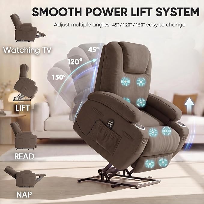 Flamaker Power Lift Chair Massage Recliner Chairs for Elderly | Ergonomic Lift Recliner Design with Cup Holders & Side Pockets, Remote Control (Dark Brown)