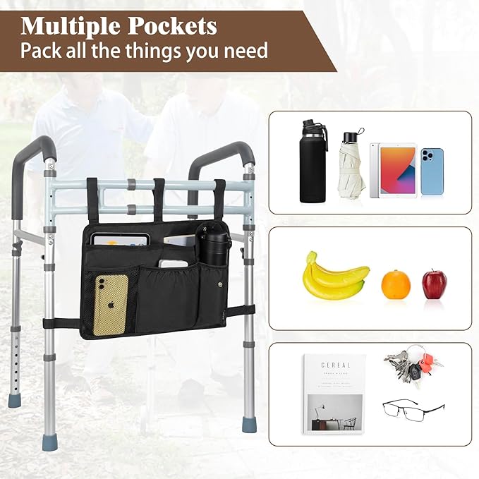 Walker Bag Multiple Pockets Walker Basket for Folding Walker with Cup Holder Bag for Walkers for Seniors Rollator Accessories Bag Black