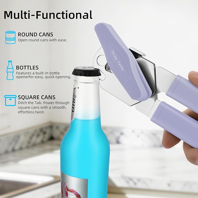 Can Opener Manual, Reinforced Blade, Effortless Knob, Non-Stick (Grape) | Reinforced blade, effortless knob, built-in bottle opener, non-stick hard rubber handle, smooth-edge safety cutter