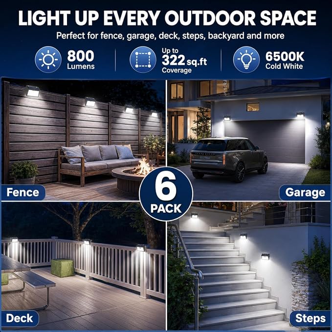 [6 Packs] Solar Motion Sensor Outdoor Lights, Super Bright Solar Lights Outdoor Waterproof, 3 Lighting Modes Security Wall Light for Outside Walking Dog Fence Backyard Deck Garden Door Step Garage