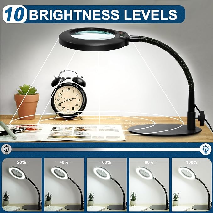 IVMAIE 12X Magnifying Glass with Light, Real Glass Lens, 5 Color Modes Dimmable, Flexible Gooseneck Lighted Magnifier with Stand, LED Desk Lamp Hands Free for Crafts Painting Sewing Reading Close Work