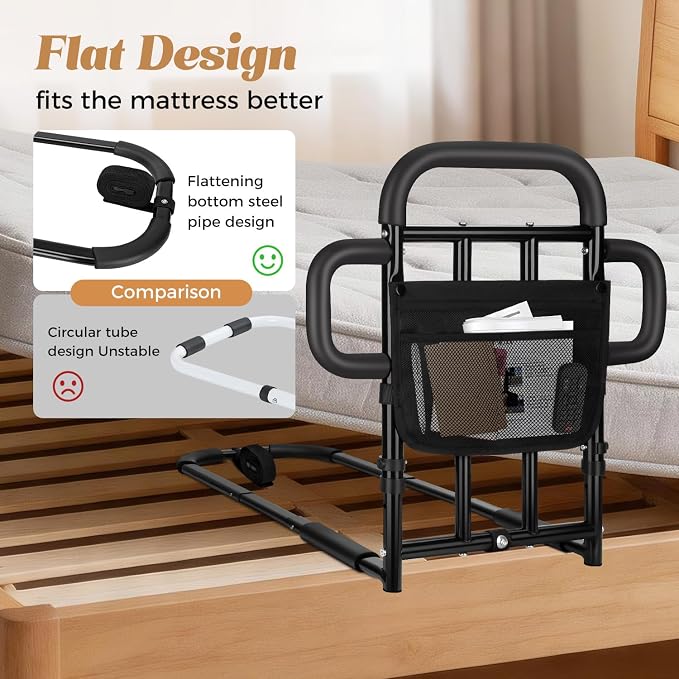 Heavy Duty Bed Rail for Elderly Adults with 2 Grab Bars, 400LBS Capacity, Adjustable Height Bed Assist Rail with Non-Slip Foam Grip, Sensor Light & Storage Pocket for King/Queen/Full/Twin Bed