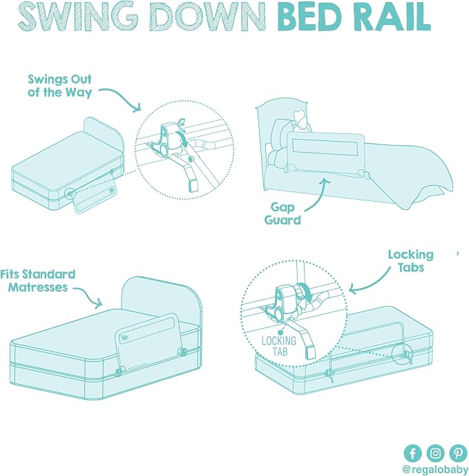 Regalo Safety 54” Extra Long Bed Rail Guard for Toddlers, Swing Down Toddler Bed Rail with Reinforced Anchor Safety System, 20” Tall Bed Safety Rail, Fits Twin, Full & Queen Beds