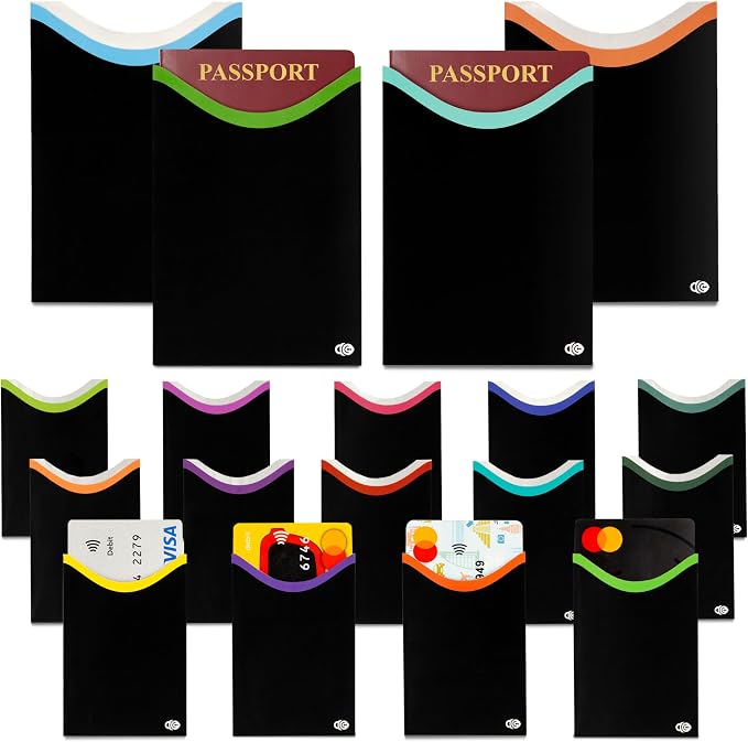 RFID Blocking Sleeves for Credit Cards & Passport (14 Short Side Card & 4 Passport Sleeves) RFID Card Holder and Protector Sleeve for Credit, Passport Identity Theft Protection Travel Wallet Slim