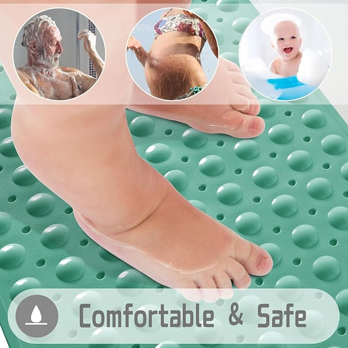 Yimobra Non Slip Bathtub Mat 40 x 16 Inch, Extra Long Shower Mat with Drain Holes, Machine Washable Baby Bath Mats, Strong Suction Cups for Bathroom Floor, MARRS Green