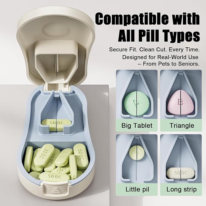 Pill Cutter Splitter for Small and Tiny Pills - Tablet Cutter with Centering Device, V-Slot, Storage and Cleaning Brush - Medicine Slicer for Accurate Cuts (White)