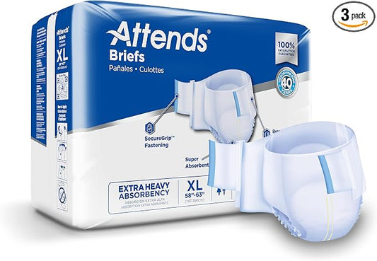 Attends Adult Incontinence Disposable Briefs, X-Large, 58"-63" Waist with SecureGrip Tab Closure, Extra Heavy Absorbency with Super Absorbent Core and Breathable Side Panels, 60ct Case