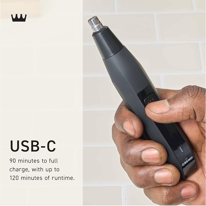 Cremo Nose & Ear Hair Trimmer for Men, USB-C Cordless Eyebrow Trimmer | Rotary stainless steel blades for nose, ear & eyebrow detailing. IPX5 wet/dry, USB-C rechargeable. For men & women.