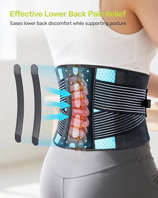 Rakiie Slim Back Brace for Lower Back Pain Relief, Lightweight & Breathable Back Support Brace for Men Women, Ergonomic Light Lumbar Support for Everyday Wear, Sky Blue XL