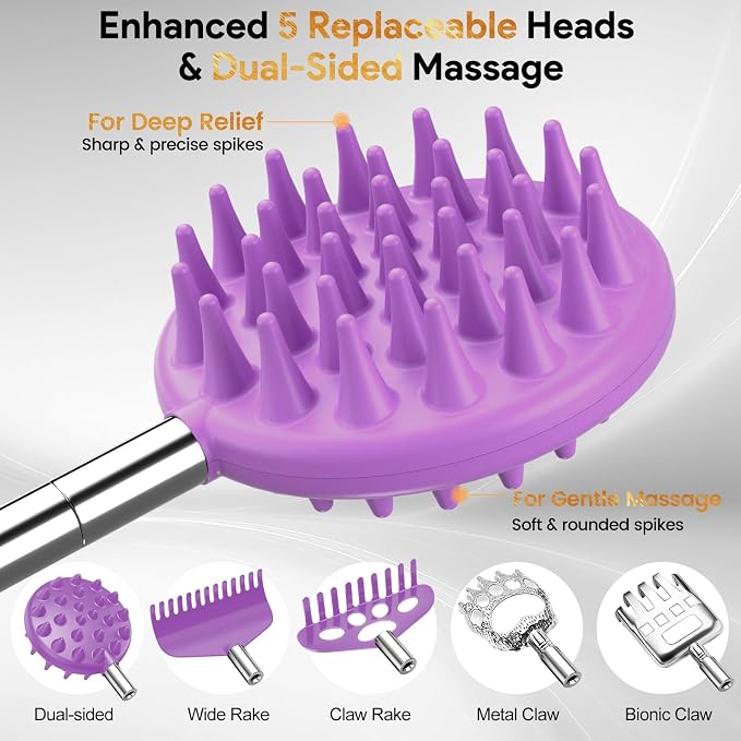 Telescoping Back Scratcher with 5 Detachable Heads, Gift for Men Purple | 10-30" Reach, Stainless Steel Pole, Rubber Grip, Christmas Stocking Stuffers, White Elephant, Anniversary and Birthday Gift