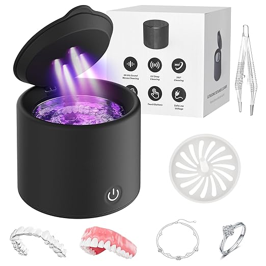 Ultrasonic Retainer Cleaner Machine, 50kHz Dental Cleaning Pod for Braces, Dentures, Aligners, Invisalign, Mouth Guards, 200ML with 3 Modes, Professional Oral Appliance Jewelry Cleaner, Black