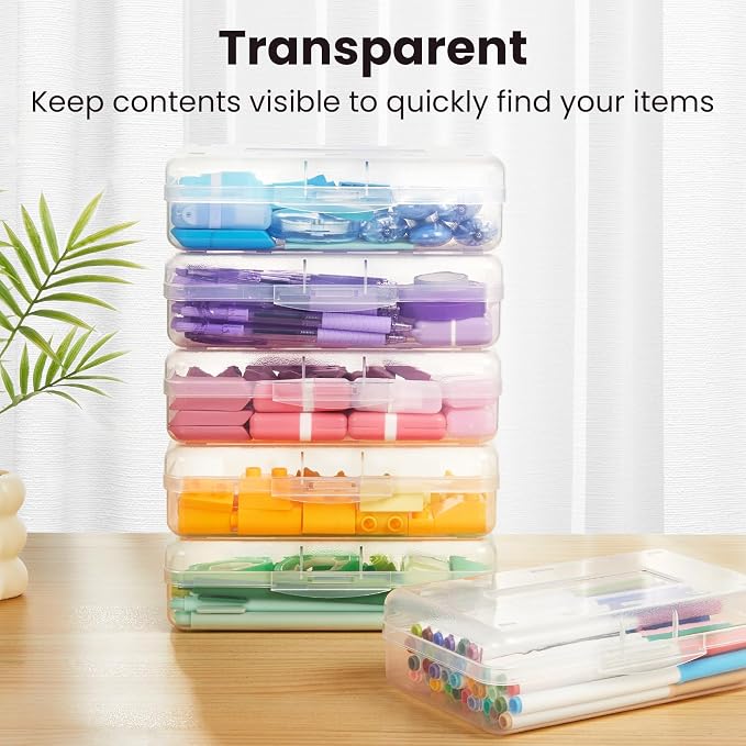 Sooez Plastic Pencil Case Box 6 Pack, Colored Large Craft Storage Bulk, Plastic Containers with Snap-tight Lids, Hobby Art School Supply 0rganizer, Marker Bead Pen Bins Organizer,Stackable
