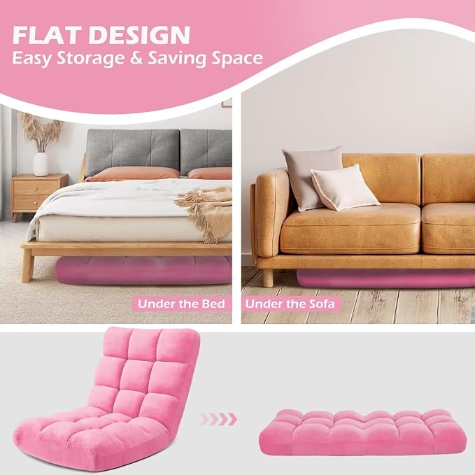 Folding Floor Gaming Chair 14-Poistion Cushioned Adjustable Floor Lazy Sofa Chair w/Breathable Cotton & Skin-Friendly Coral Velve for Adults & Kids Perfect for Reading Gaming Meditating, Pink